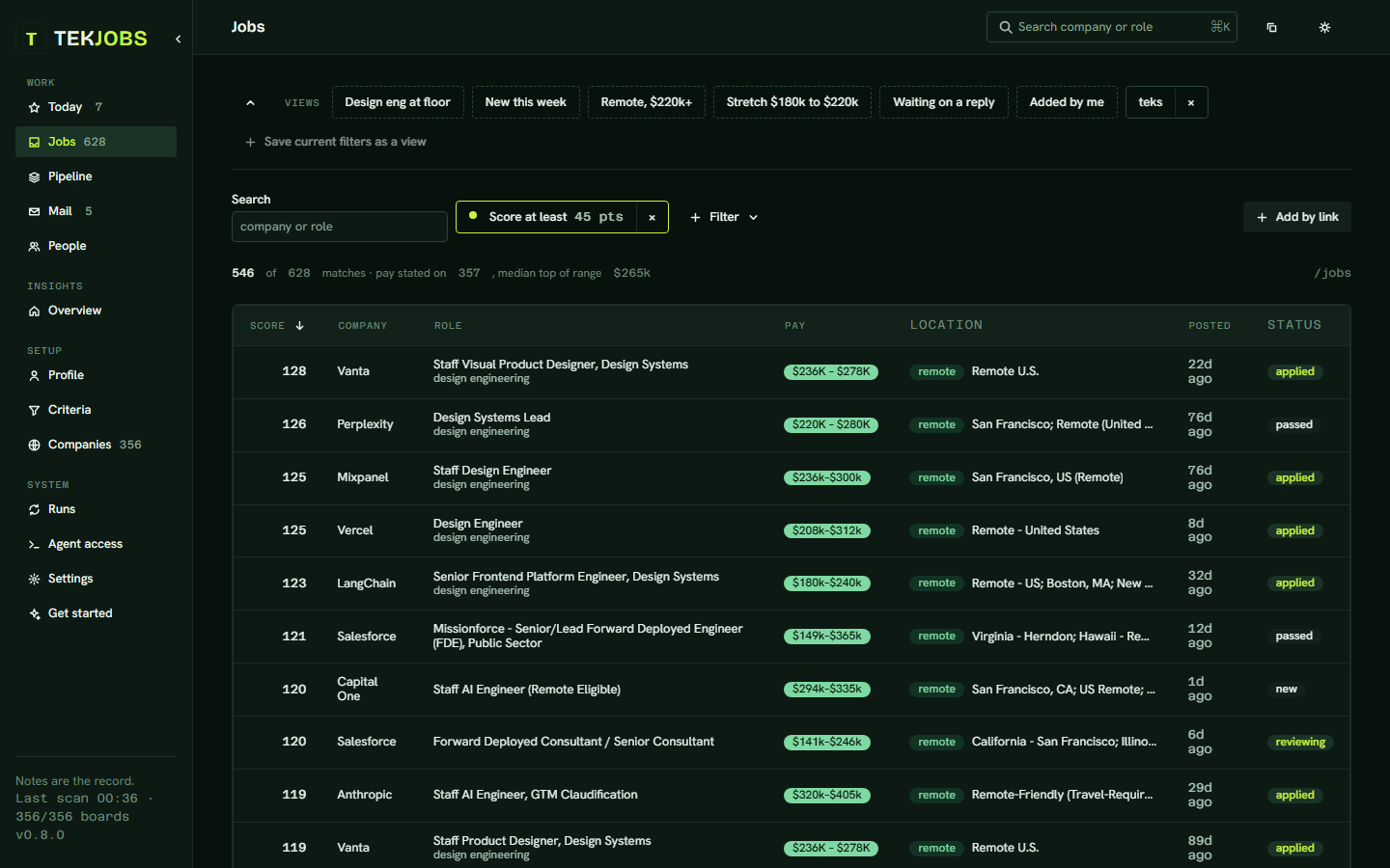 Jobs: filters as chips, saved views, the matches table